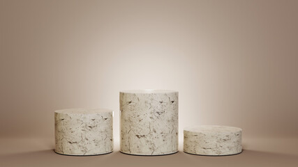 3D rendering of Three marble podiums in a gray room background. Mockup for show product.