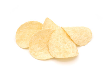 Closeup potato chips pile isolated on white background