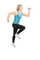 Senior Women Sports. Running Fitness Mature Sportswoman During Active Jogging Training Against White Background.