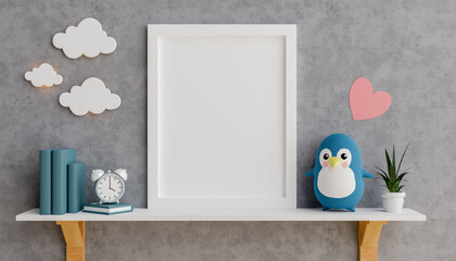 Mock up poster frame with cute penguin doll for a baby shower 3D rendering © Paphawin