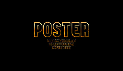 Golden condensed font, trendy modern alphabet, gold modern Latin letters from A to Z and Arab numbers from 0 to 9, vector illustration 10EPS