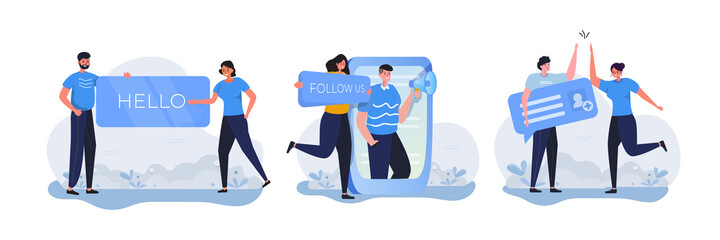 Illustration set of people on social media with hello, follow and add new friends concept