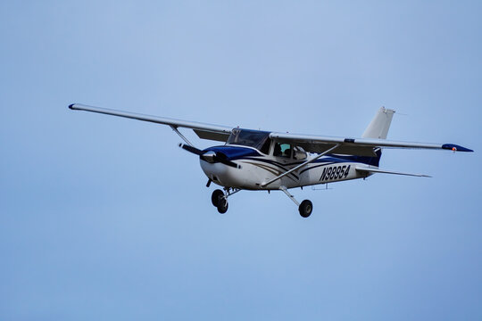 CENTENNIAL, USA-OCTOBER 17: Cessna plane flies on October 17, 2020 at Centennial airport near Denver, Colorado. This airport is one of the busiest general aviation airports in the United States.