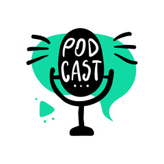 Podcast cover doodle icon. Sound recording equipment hand drawn vector illustration isolated on white. 