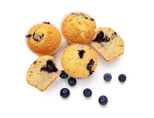 Tasty blueberry muffins on white background