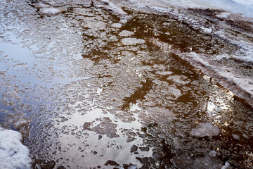 Ice and snow in puddles in spring or autumn time. Thaw after winter in nature landscape