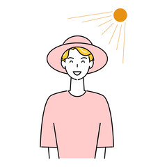 熱中症対策 太陽の下でUVカットの帽子をかぶっている笑顔の可愛い男性 イラスト シンプル ベクター
Heat stroke prevention. A man with a pretty smile wearing a UV-protective hat in the sun. Simple illustration. vector.