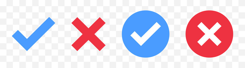 Blue check mark, red cross mark icons set. Isolated tick symbols, checklist signs, approval badge. Flat and modern checkmark  buttons design, vector illustration. © Neo