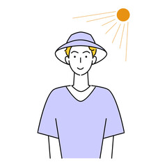 熱中症対策 太陽の下でUVカットの帽子をかぶっている笑顔の可愛い男性 イラスト シンプル ベクター