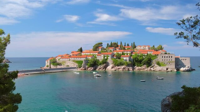 Sveti Stefan island in Budva on a beautiful summer day, Montenegro
