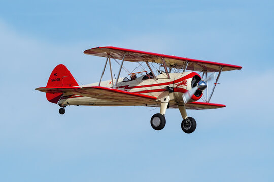 CENTENNIAL, USA-OCTOBER 17: Boeing Stearman airplane lands on October 17, 2020 at Centennial airport near Denver, Colorado. This airport is one of the busiest general aviation airports in the US.