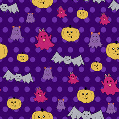 Cute Halloween seamless vector pattern on purple polka dots background
