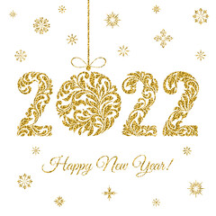 Happy New Year 2022. Figures  and Christmas ball from a floral ornament with golden glitter isolated on a white background. Suitable for greeting card, banner, poster