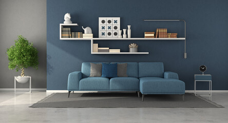 Blue modern living room with shelves,books and decor objects