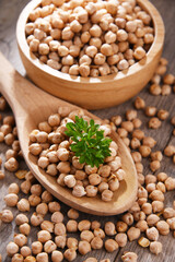 Bowl and spoon of chickpeas on wooden table