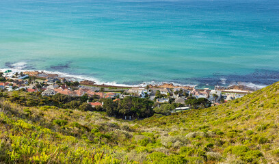 Fototapeta na wymiar Elevated view of St James coastal town in False Bay, Cape Town