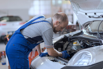 Professional mechanic checking a car engine