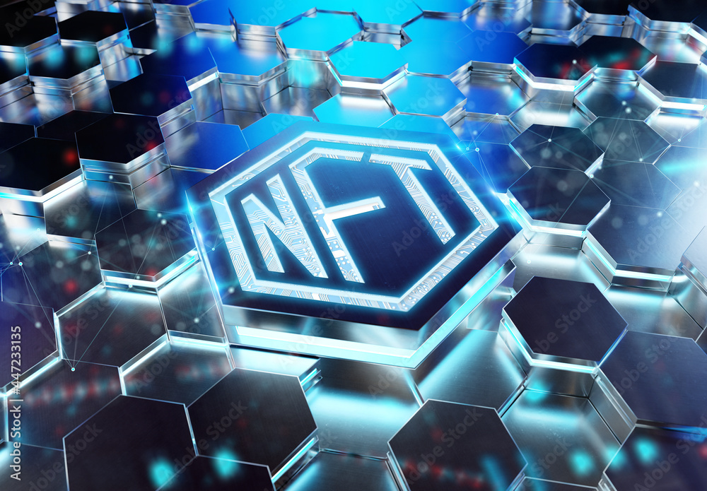 Poster NFT nonfungible tokens concept on hexagonal background. NFT Logo on abstract digital surface. 3d rendering