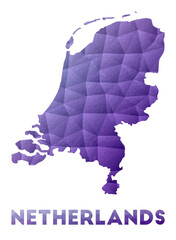Map of Netherlands. Low poly illustration of the country. Purple geometric design. Polygonal vector illustration.