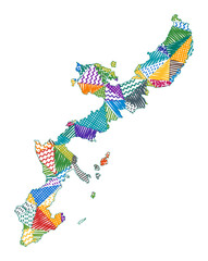 Kid style map of Okinawa Island. Hand drawn polygons in the shape of Okinawa Island. Vector illustration.