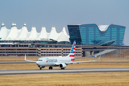 DENVER, USA-OCTOBER 17: Boeing 737 operated by American taxis on October 17, 2020 at Denver International Airport, Colorado. American Airlines is a major American airline headquartered in Fort Worth, 