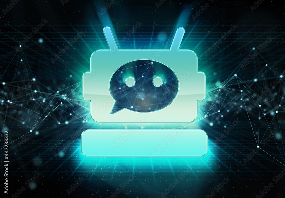 Poster digital chatbot holographic icon bursting into blue and green neon light 3d rendering