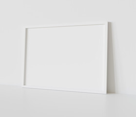 White frame leaning on white floor in interior mockup. Template of a picture framed on a wall 3D rendering