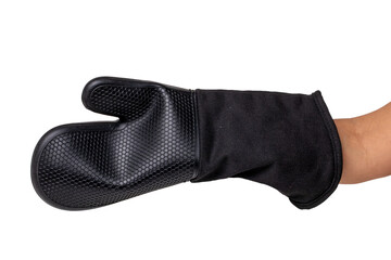 A female hand in a black heat-resistant grill glove isolated on a white background. Cooking glove, baking glove for kitchen and BBQ grill.