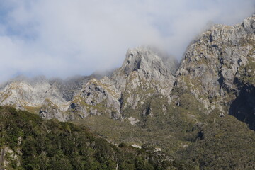 New Zealand Landscape with mountains, sky , water and trees