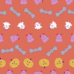 Cute Halloween repeat pattern design illustration on orange background