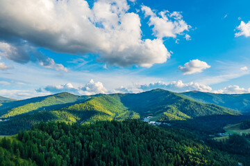 Aerial View of mountain and green forest with grass in Kanas Scenic Area,Xinjiang,China.