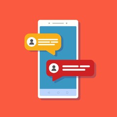 Social network chat on the smartphone on red. Stock vector.