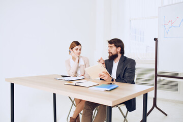 emotional man and woman at work colleagues at work communication