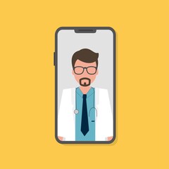 Online doctor consultation on the phone, yellow background. Stock vector