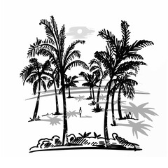 Girl by the sea with palms and tropical plants. Beach, vacation, tourism in exotic countries. Handmade, vector illustration.