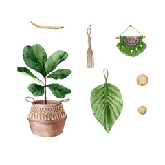 Hand painted watercolor clipart 7 individual elements  Macrame