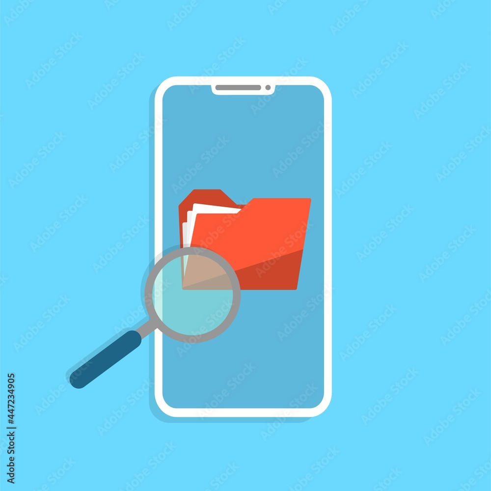 Poster phone with folder search and data synchronisation. touchscreen device with magnifying glass.