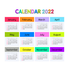 2022 Year Calendar. Week starts on Sunday. Concept for print and WEB. Vector  illustration.