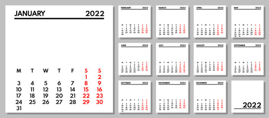 2022 full year monthly office planner or wall calendar, monday first, two weekends