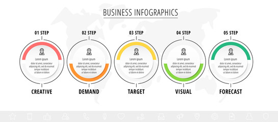 Vector minimal line infographics with circles. Business concept 5 steps by step for diagram, chart, web, graphic