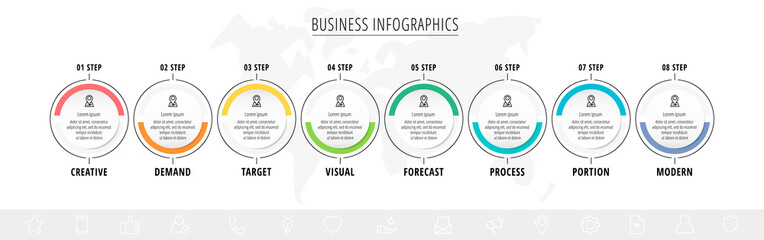 Business vector infographics with 8 line circles. Timeline visualization with eight steps for diagram, flowchart, banner, presentations, web, content, levels, chart, graphic