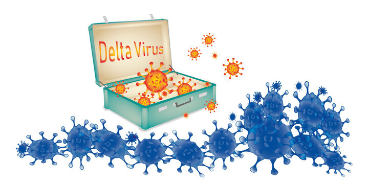 Ein Koffer mit dem Text Delta Virus und Viren in orangen und blauen Farben.