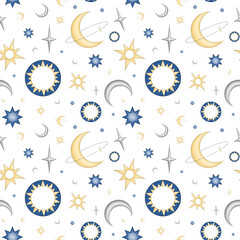 Seamless pattern in blue, gray and golden colors with stars, crescents and solar circle. 