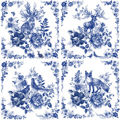 Vintage hand drawn seamless pattern with Fairytale forest and wild animal. roses flower line graphics. fashion textile design Indigo color.  - 447236133