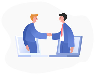 Online business, make deal or agreement without leaving your home. Two businessmen pop out from laptop screen and make handshake. Modern vector illustration