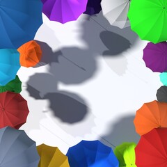 Multi-colored umbrellas with shadow on a light background. Place for your text. 3d illustration