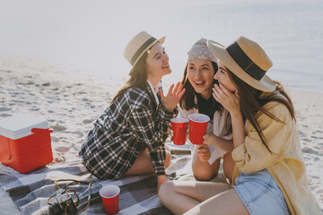 Three female friends young women wear straw hat summer clothes have picnic hang out together drink liguor hold glasses gossip together outdoors on sea beach background People vacation journey concept.