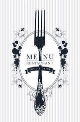 Vector template of restaurant menu decorated with a beautiful antique fork and floral ornaments in Baroque style on a striped background. Black and white menu design for a restaurant with fine cuisine