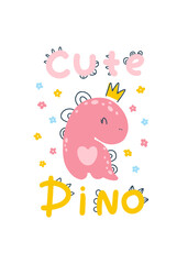 Fototapeta premium Dino baby princess poster with cute lettering. Childish simple scandinavian cartoon doodle style. A comic font ideal for room nursers. Pastel palette.