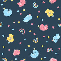 Dino princess seamless pattern. Girls dinosaurs in crowns in a simple childish hand-drawn Scandinavian style. Vector texture for baby clothes, packaging, wallpapers, textiles, fabrics.